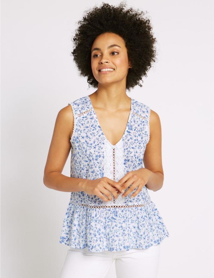 Marks & Spencer Pure Cotton Floral Print Shell Top Blue Mix