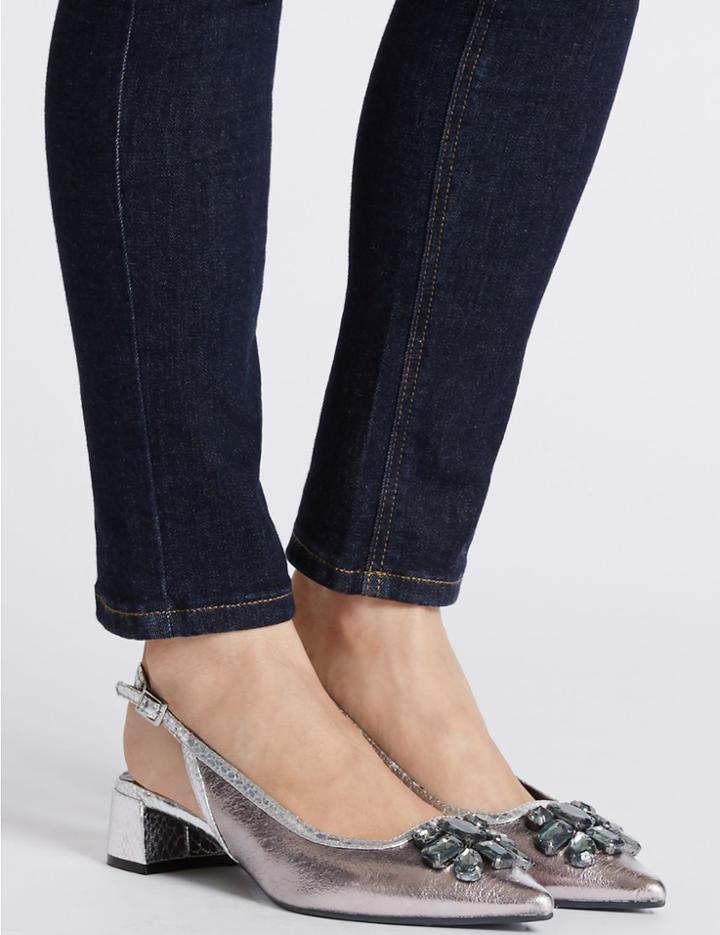Marks & Spencer Block Heel Jewel Slingback Court Shoes Metallic