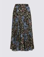 Marks & Spencer Floral Print Pleated Straight Hem Midi Skirt Black Mix