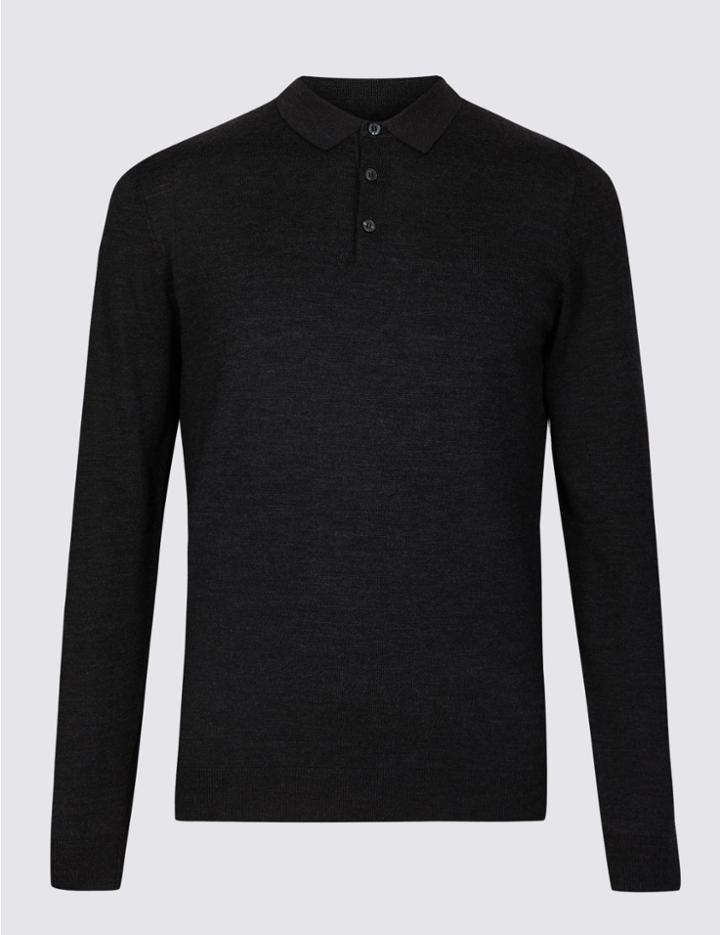Marks & Spencer Pure Extra Fine Merino Wool Knitted Polo Dark Grey