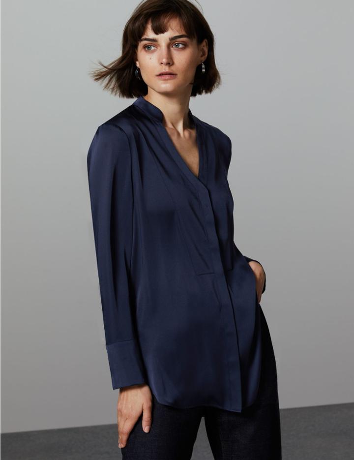 Marks & Spencer Printed Satin Notch Neck Long Sleeve Blouse Blue Mix