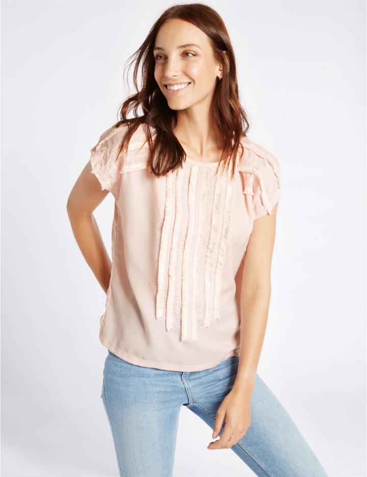 Marks & Spencer Fringed Front Short Sleeve T-shirt Pale Pink