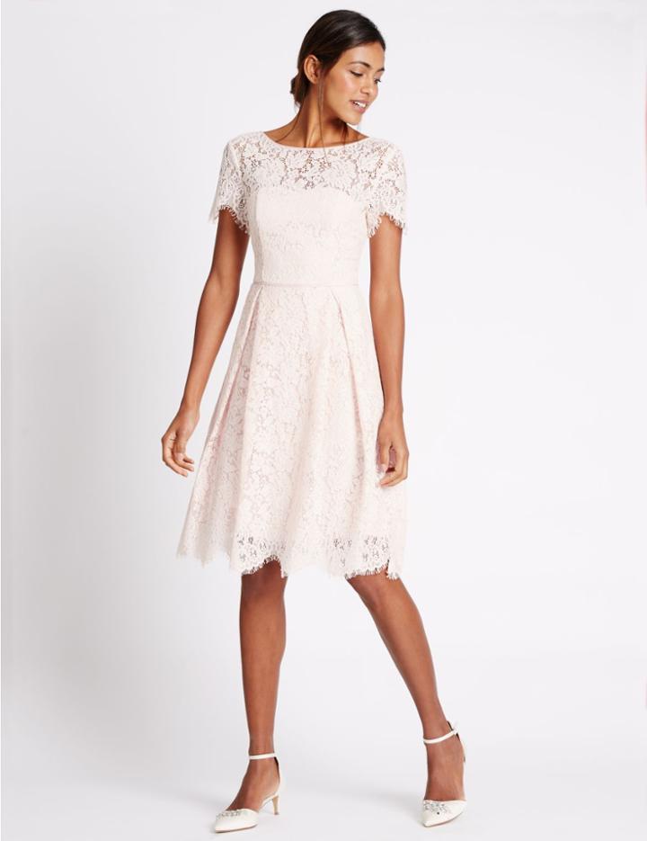 Marks & Spencer Cotton Blend Lace Skater Midi Dress Blush Pink