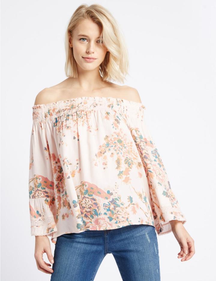 Marks & Spencer Floral Print Bardot Long Sleeve Blouse Blue Mix