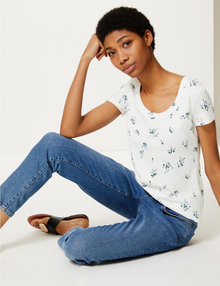 Marks & Spencer Pure Cotton Floral Print Regular Fit T-shirt Ivory Mix