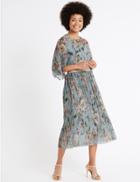 Marks & Spencer Floral Print Plisse A-line Midi Skirt Blue Mix