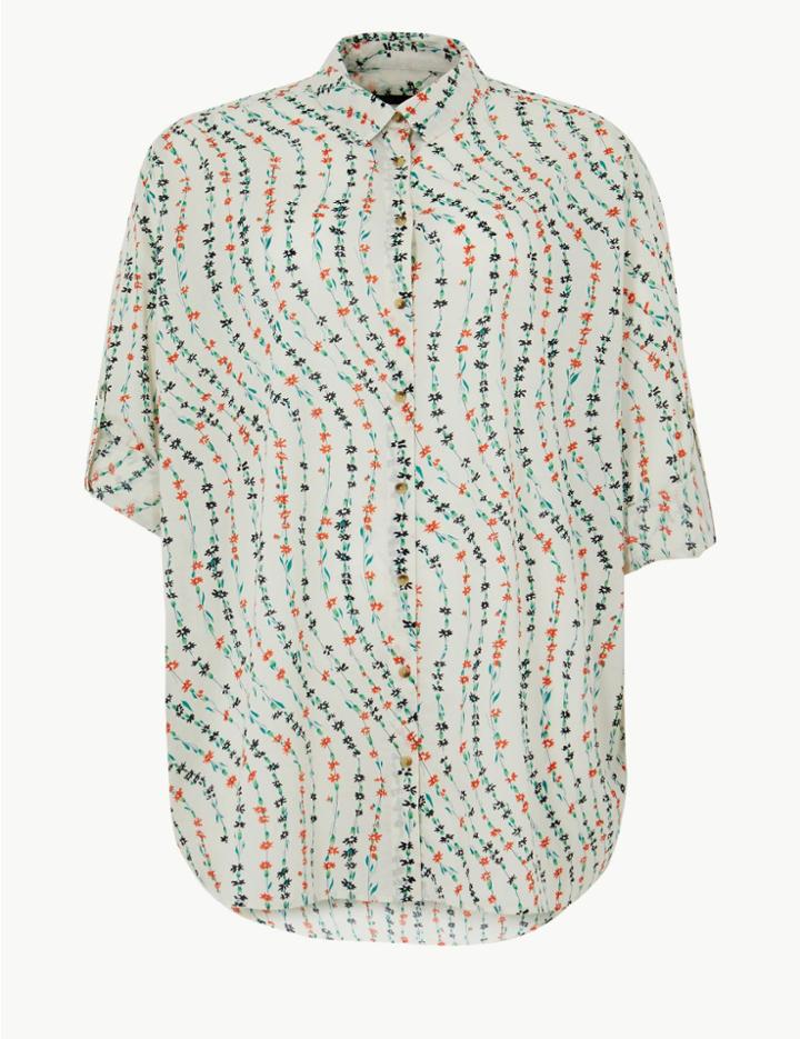Marks & Spencer Curve Pure Cotton Floral Print Shirt Ivory Mix