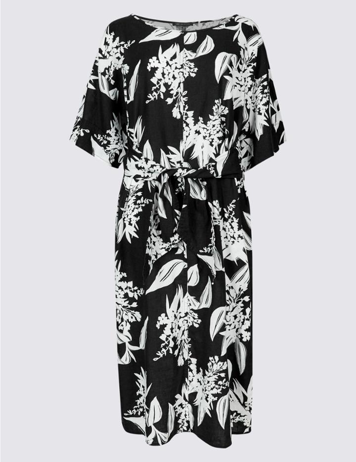 Marks & Spencer Linen Rich Floral Print Tunic Dress Black Mix