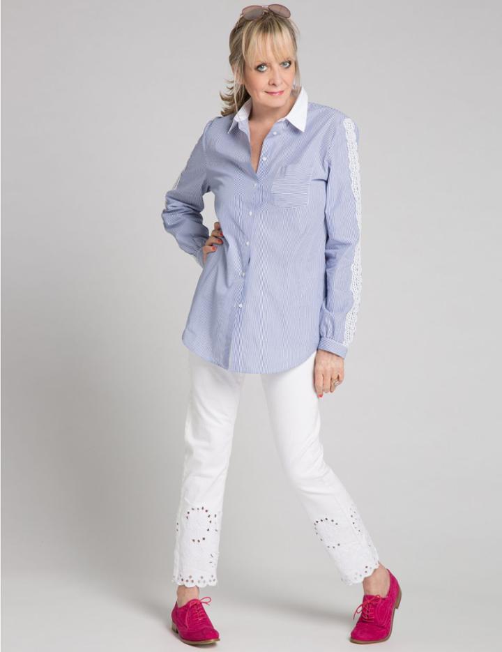 Marks & Spencer Pure Cotton Striped Crochet Shirt Navy Mix