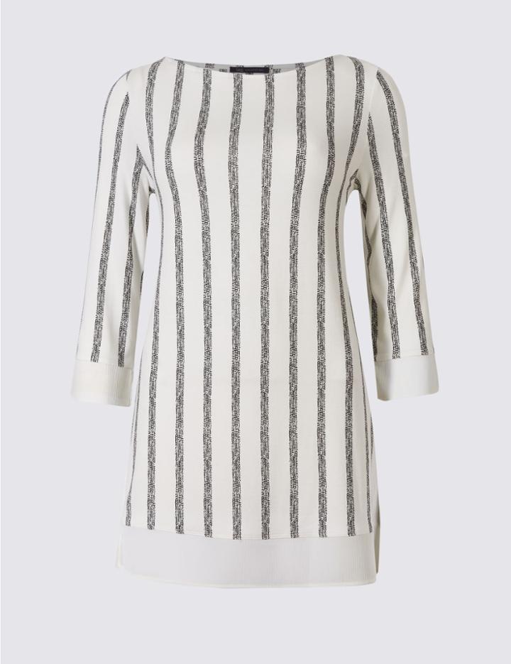Marks & Spencer Striped Round Neck 3/4 Sleeve Tunic Ivory Mix