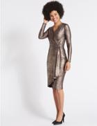 Marks & Spencer Crackle Drape Long Sleeve Wrap Midi Dress Bronze