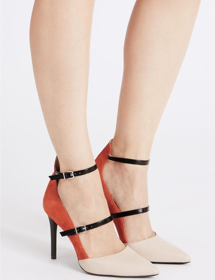 Marks & Spencer Leather Stiletto Heel Strap Court Shoes Nude Mix