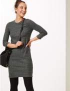 Marks & Spencer Cotton Blend Checked 3/4 Sleeve Shift Dress Black Mix