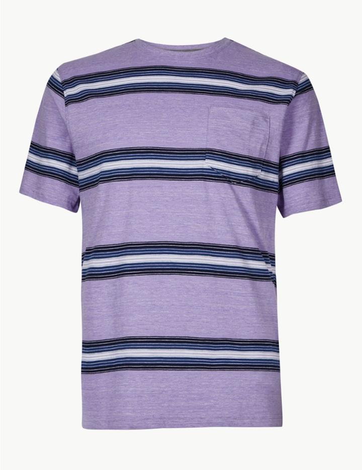 Marks & Spencer Pure Cotton Striped Crew Neck T-shirt Lilac Mix