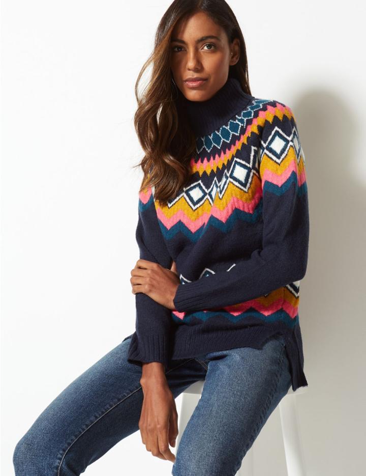 Marks & Spencer Printed Roll Neck Jumper Navy Mix
