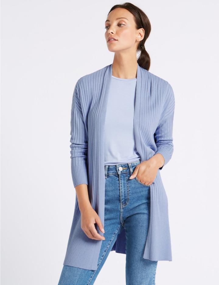 Marks & Spencer Open Front Ribbed Longline Cardigan Bluebell