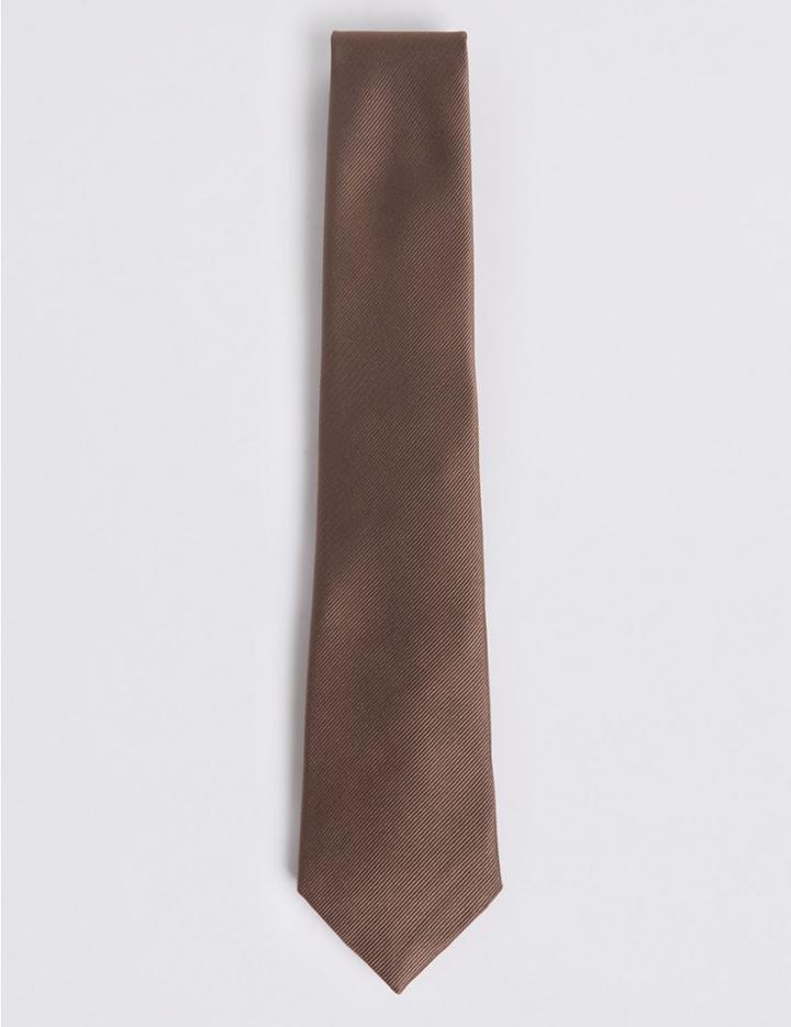 Marks & Spencer Pure Silk Satin Twill Textured Tie Mocha