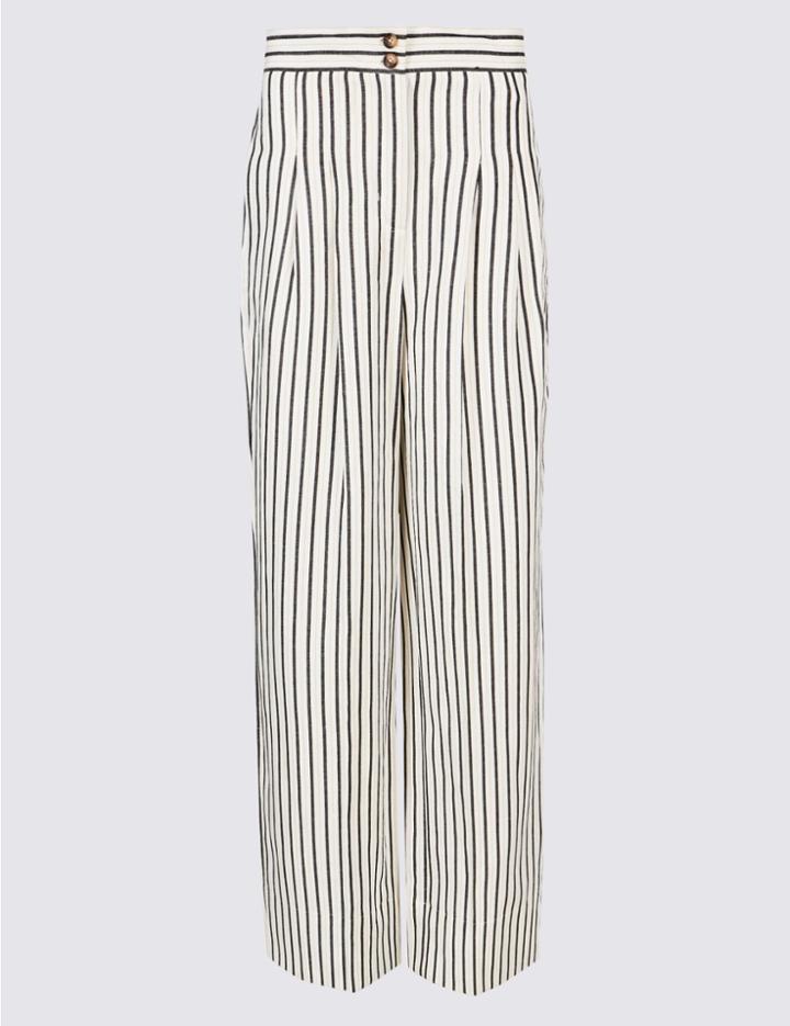 Marks & Spencer Linen Blend Striped Wide Leg Trousers Ivory Mix