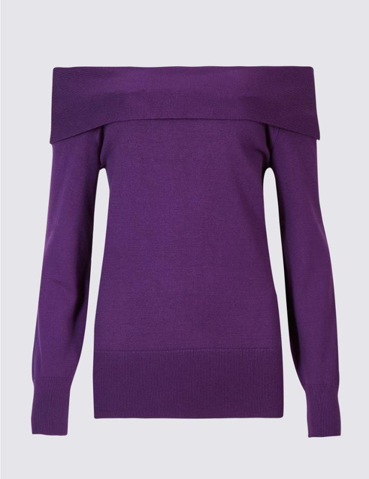 Marks & Spencer Textured Long Sleeve Bardot Jumper Rich Purple