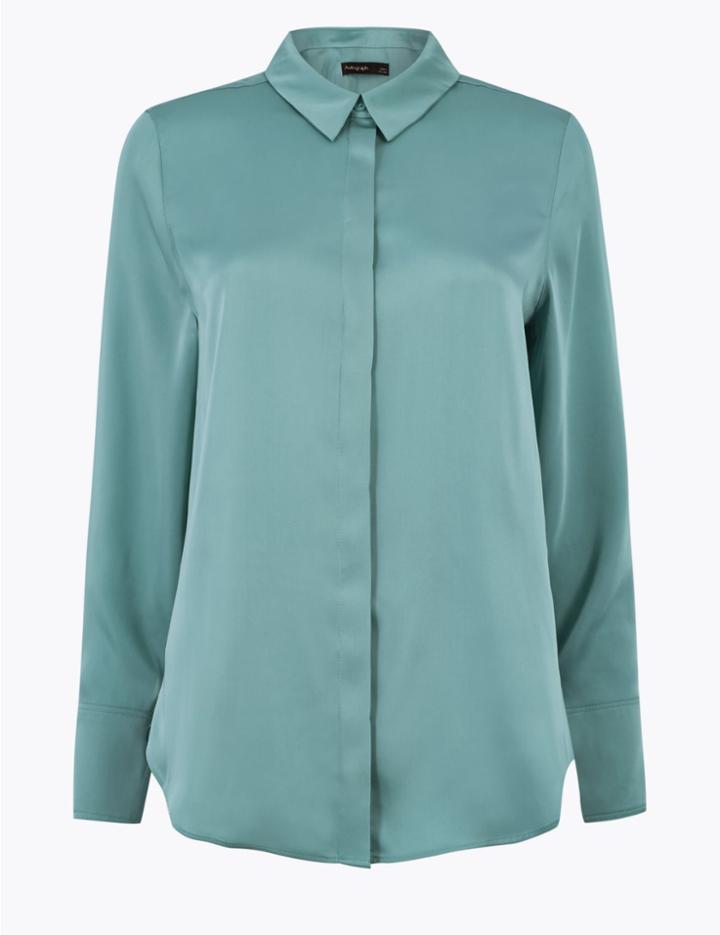 Marks & Spencer Satin Long Sleeve Blouse Duck Egg