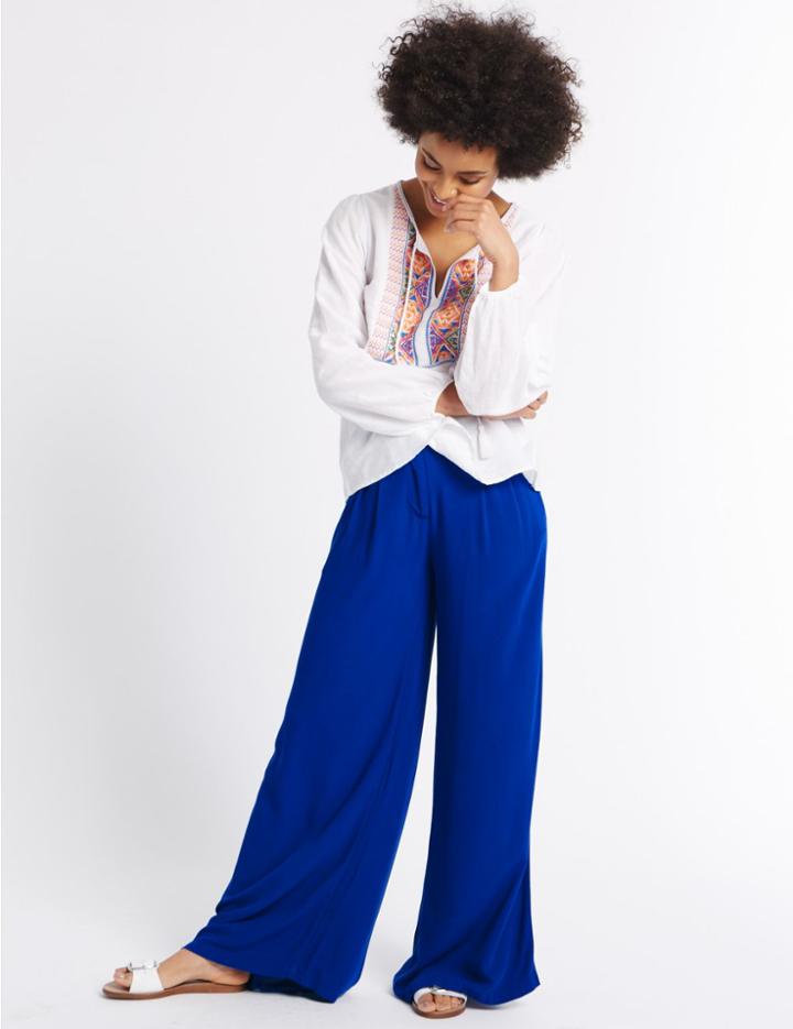 Marks & Spencer Pleated Wide Leg Trousers White Mix