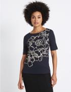Marks & Spencer Floral Print Slash Neck Half Sleeve T-shirt Navy Mix