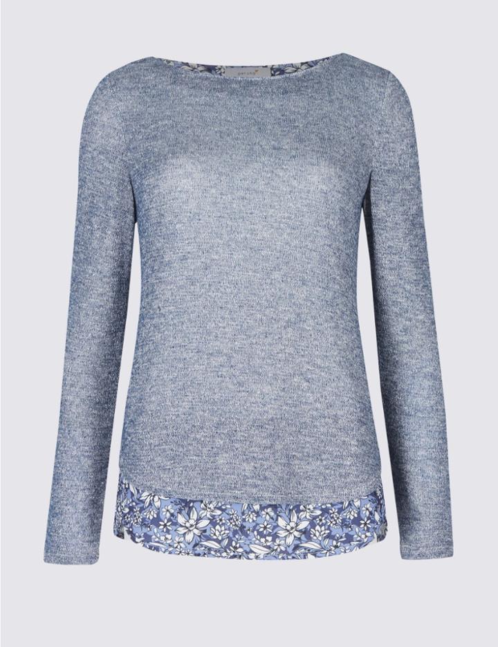 Marks & Spencer Floral Hem Round Neck Long Sleeve Tunic Blue Mix