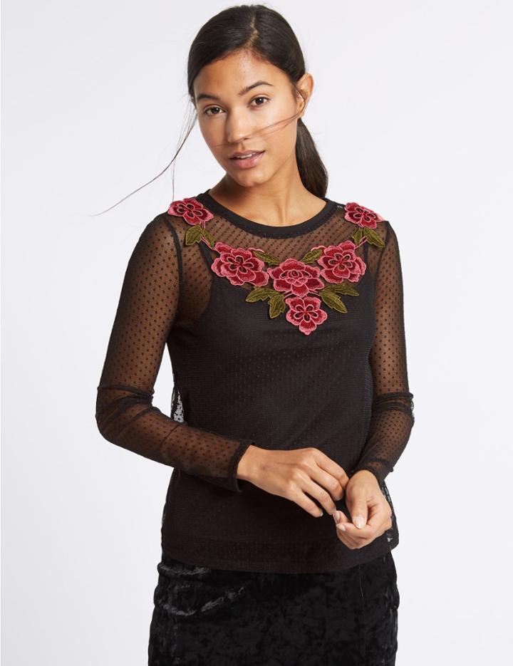 Marks & Spencer Embroidered Applique Mesh T-shirt Black Mix