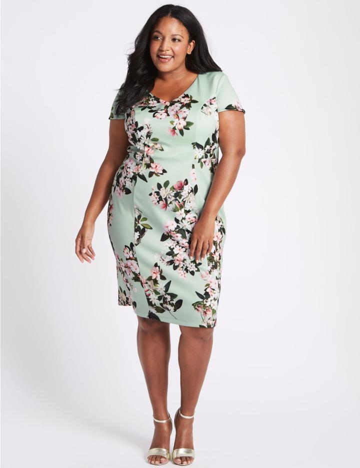 Marks & Spencer Curve Floral Print Bodycon Midi Dress Mint Mix