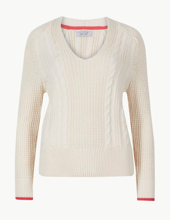 Marks & Spencer Pure Cotton Textured V-neck Jumper Cream