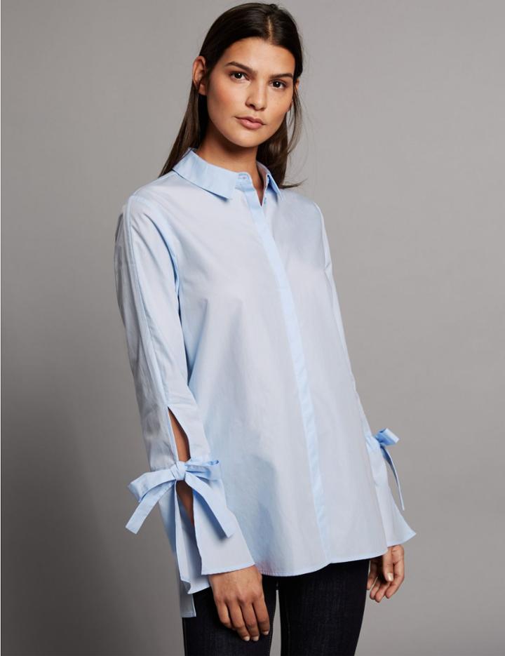 Marks & Spencer Pure Cotton Poplin Tie Sleeve Shirt Light Blue