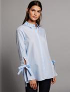 Marks & Spencer Pure Cotton Poplin Tie Sleeve Shirt Light Blue