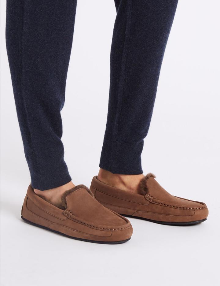 Marks & Spencer Leather Slip-on Slippers With Freshfeet&trade; Brown