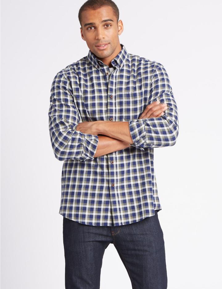 Marks & Spencer Brushed Cotton Checked Shirt Khaki Mix