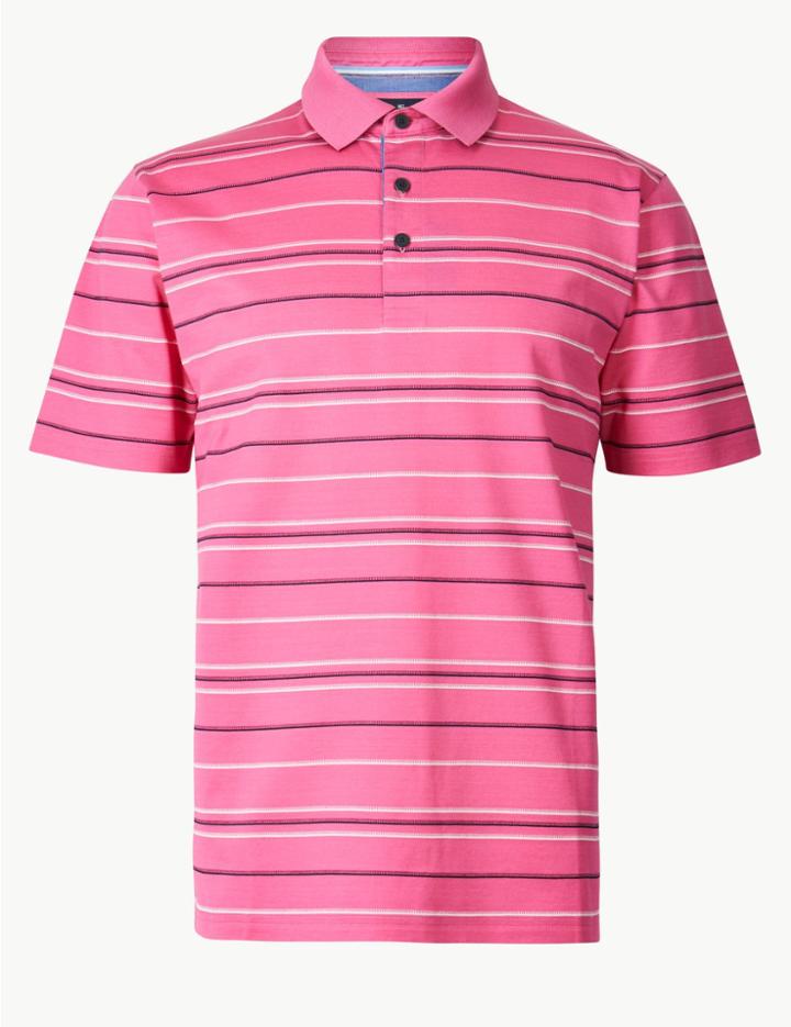 Marks & Spencer Pure Cotton Striped Polo Shirt Pink