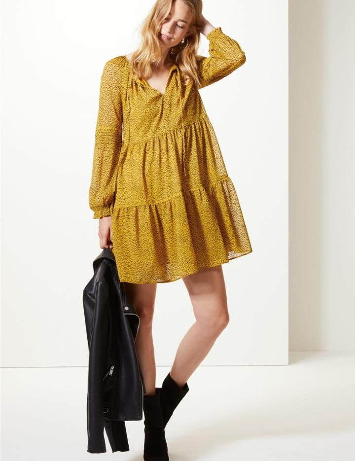 Marks & Spencer Spotted Drop Waist Mini Dress Ochre