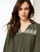 Marks & Spencer Embroidered V-neck Long Sleeve Tunic Khaki
