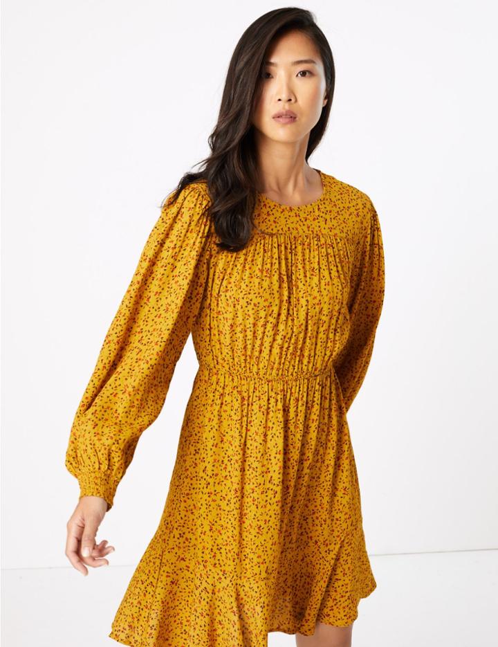 Marks & Spencer Ditsy Floral Print Waisted Mini Dress Yellow Mix