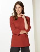 Marks & Spencer Ribbed Slash Neck Open Knit 3/4 Sleeve Tunic Brandy