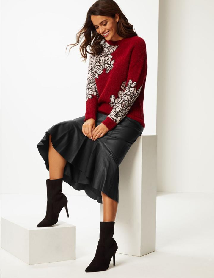 Marks & Spencer Textured Round Neck Jumper Dark Burgundy