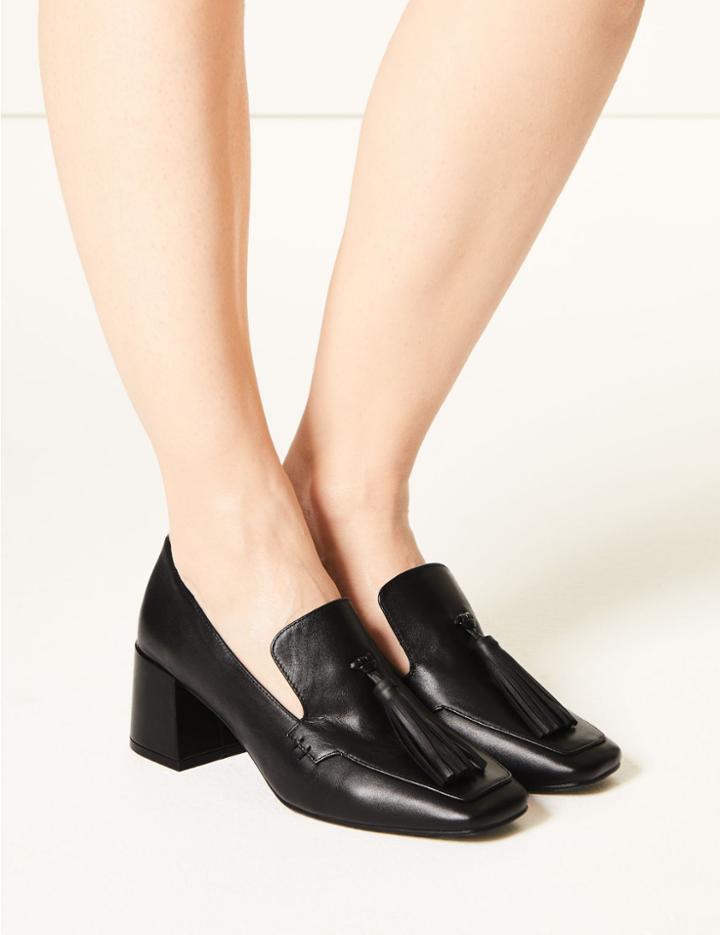 Marks & Spencer Leather Statement Heel Tassel Loafers Black Mix