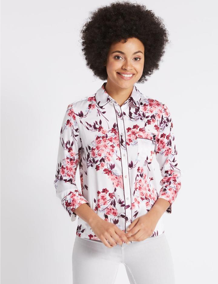 Marks & Spencer Floral Print 3/4 Sleeve Shirt Ivory Mix
