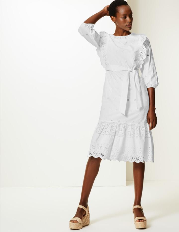 Marks & Spencer Pure Cotton Embroidered Midi Waisted Dress Soft White