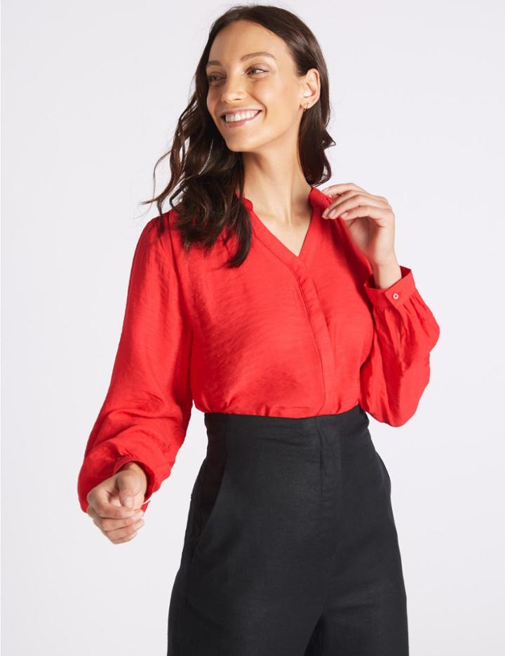 Marks & Spencer Textured Notch Neck Long Sleeve Blouse Bright Red