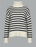 Marks & Spencer Pure Cashmere Striped Roll Neck Jumper Navy Mix