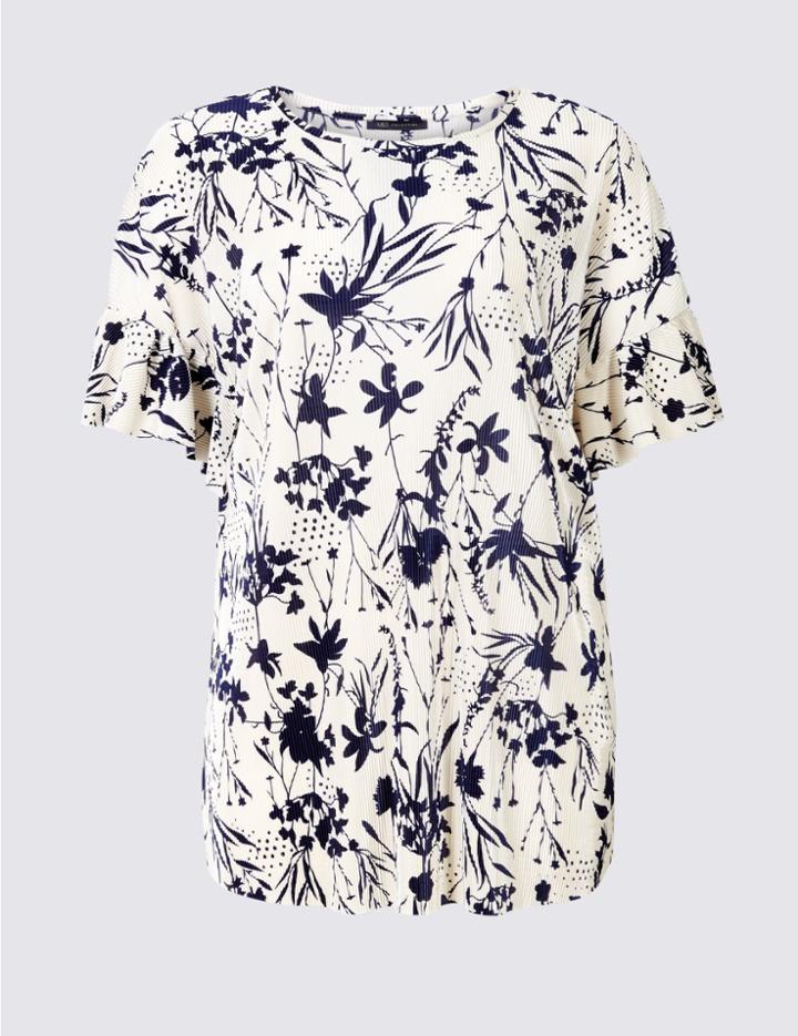 Marks & Spencer Curve Floral Print Ruffle Sleeve T-shirt Ivory Mix