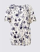 Marks & Spencer Curve Floral Print Ruffle Sleeve T-shirt Ivory Mix