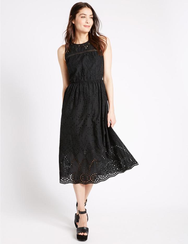 Marks & Spencer Pure Cotton Broderie Hem Shift Midi Dress Black
