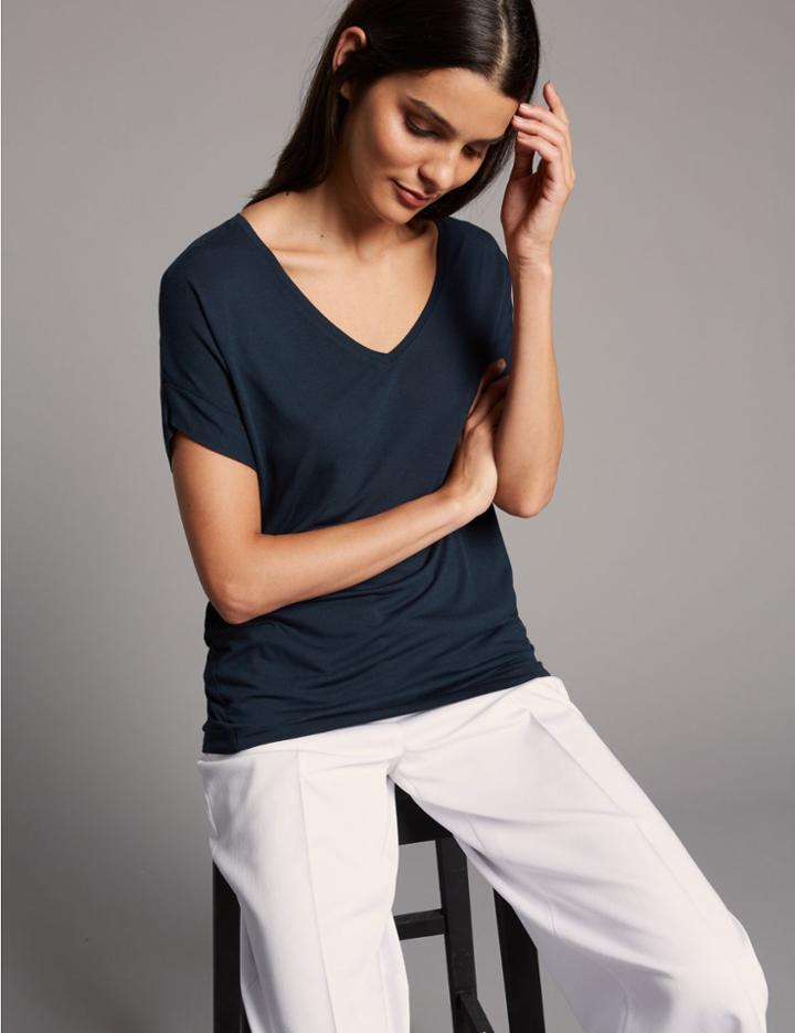 Marks & Spencer V-neck Short Sleeve T-shirt With Silk Dark Navy
