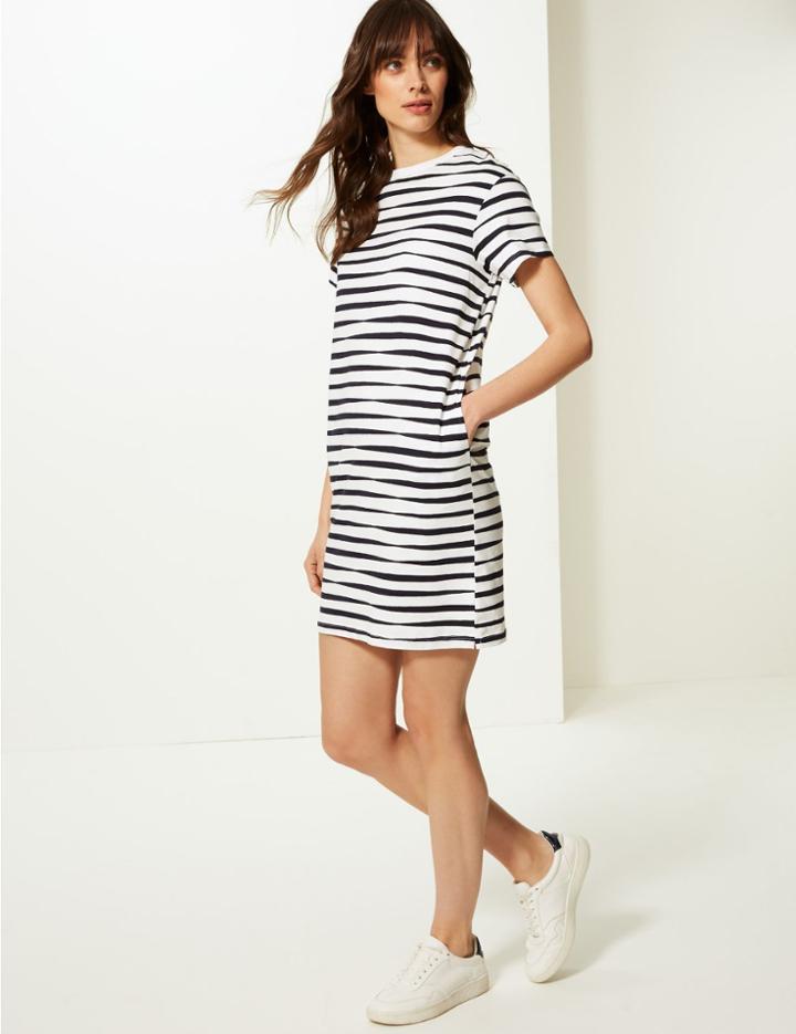 Marks & Spencer Pure Cotton Striped T-shirt Dress Ivory Mix